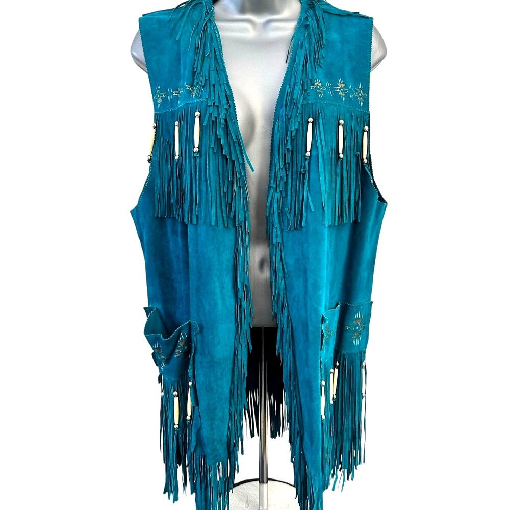 Patricia Wolfe Turquoise Pig Suede Vest, Painted, Fringe Beaded
